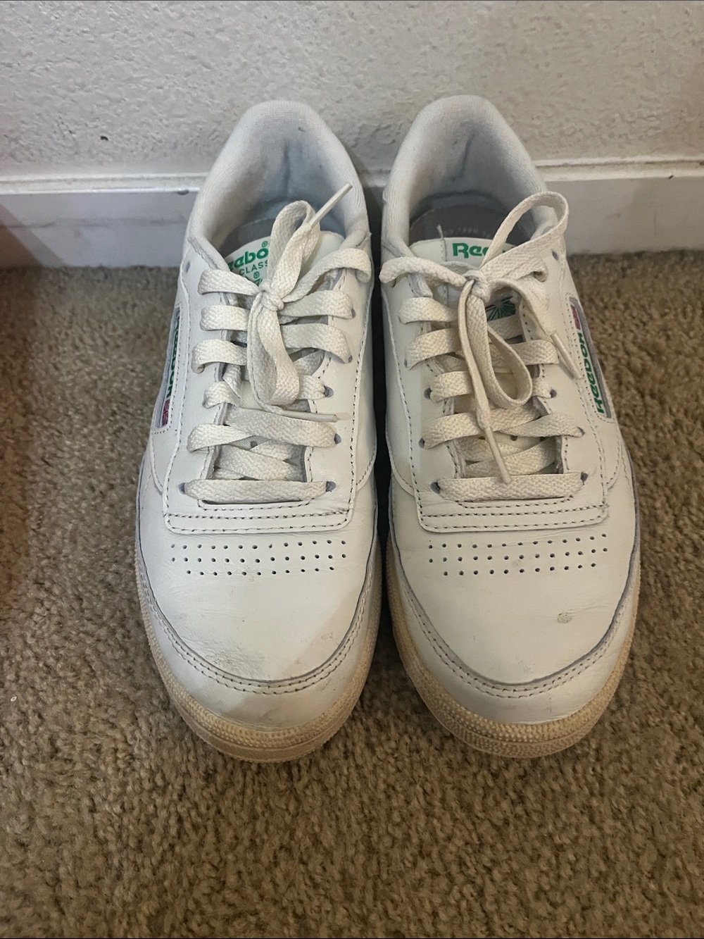 Reebok Kids White Leather Sneakers with Green Logo Accents